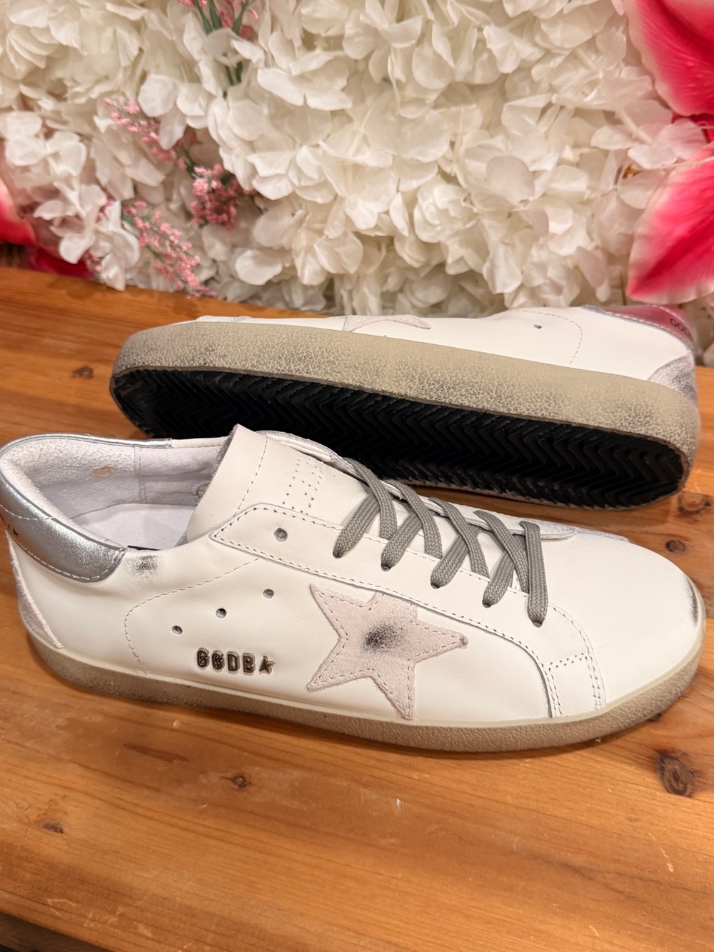 Golden Goose White Sneakers with Pink Star and Silver Heel